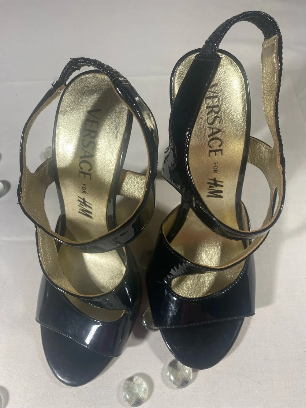 Versace for H&M Black Patent Leather Open-Toe Stiletto Heels with Gold Insole